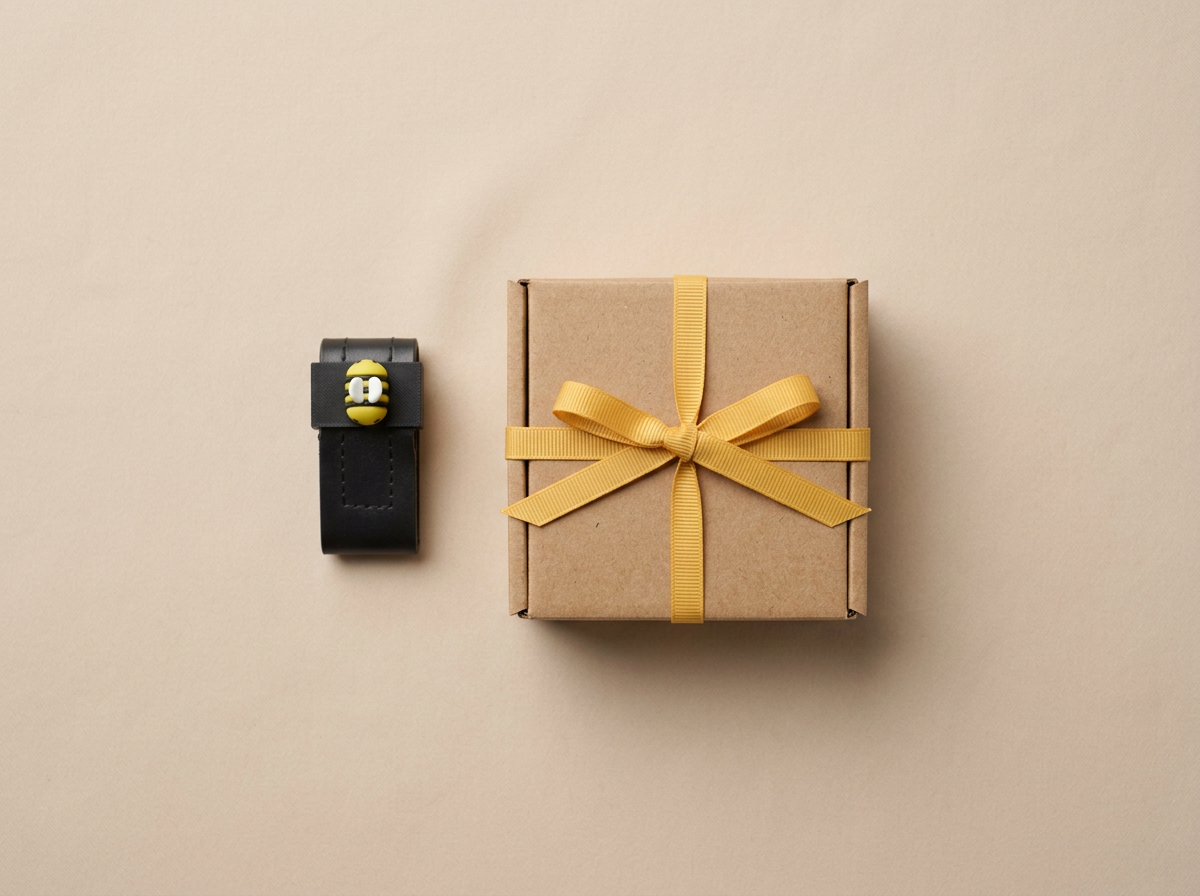 Stiefling Biene neben Kraftpapier Geschenkbox mit gelber Schleife
