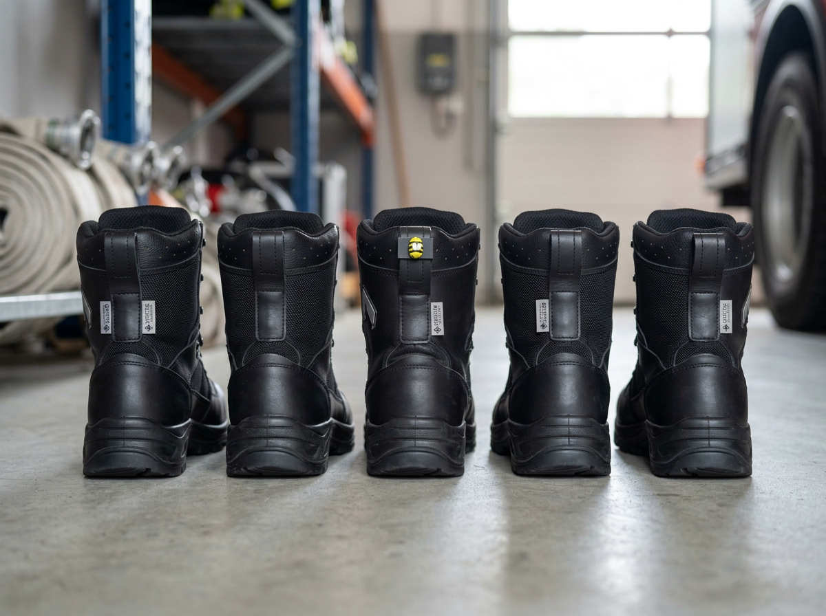 Reihe identischer schwarzer Einsatzstiefel von hinten im Gerätehaus