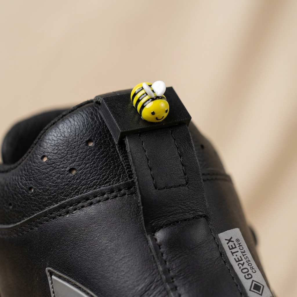 Stiefling Biene Clip Nahaufnahme auf der oberen Zuglasche des Stiefels